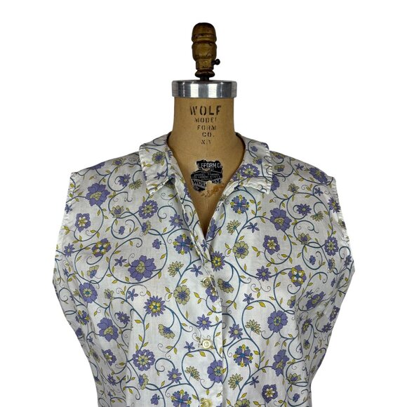 Vintage 50s Sleeveless Blouse Womens 1X Blue Floral Button Down Top Volup - Picture 3 of 9